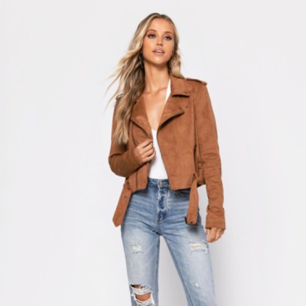TOBI Fall Faux Suede Tan Moto Jacket (Neutral Layer)
